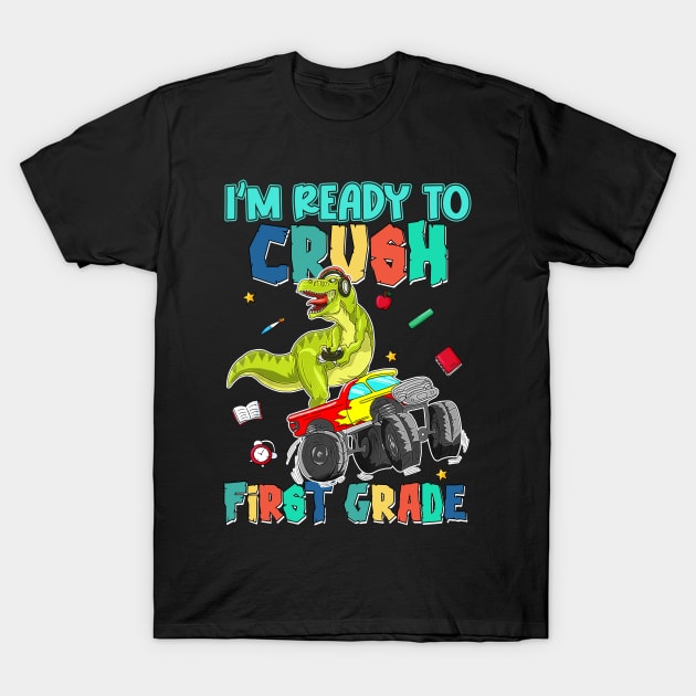 Kids I'm Ready To Crush First Grade Monster Truck Dinosaur Boys T-Shirt by Sky full of art